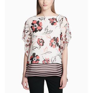 NWT Calvin Klein Chiffon Kaftan Blouse Size S White Floral Print Tunic Top